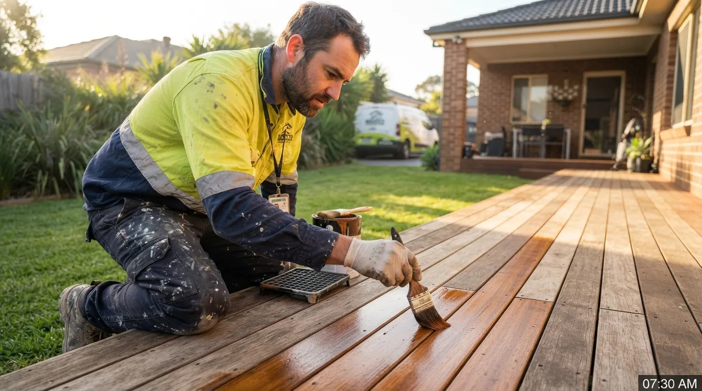 Oiling a timber deck at a suburban home