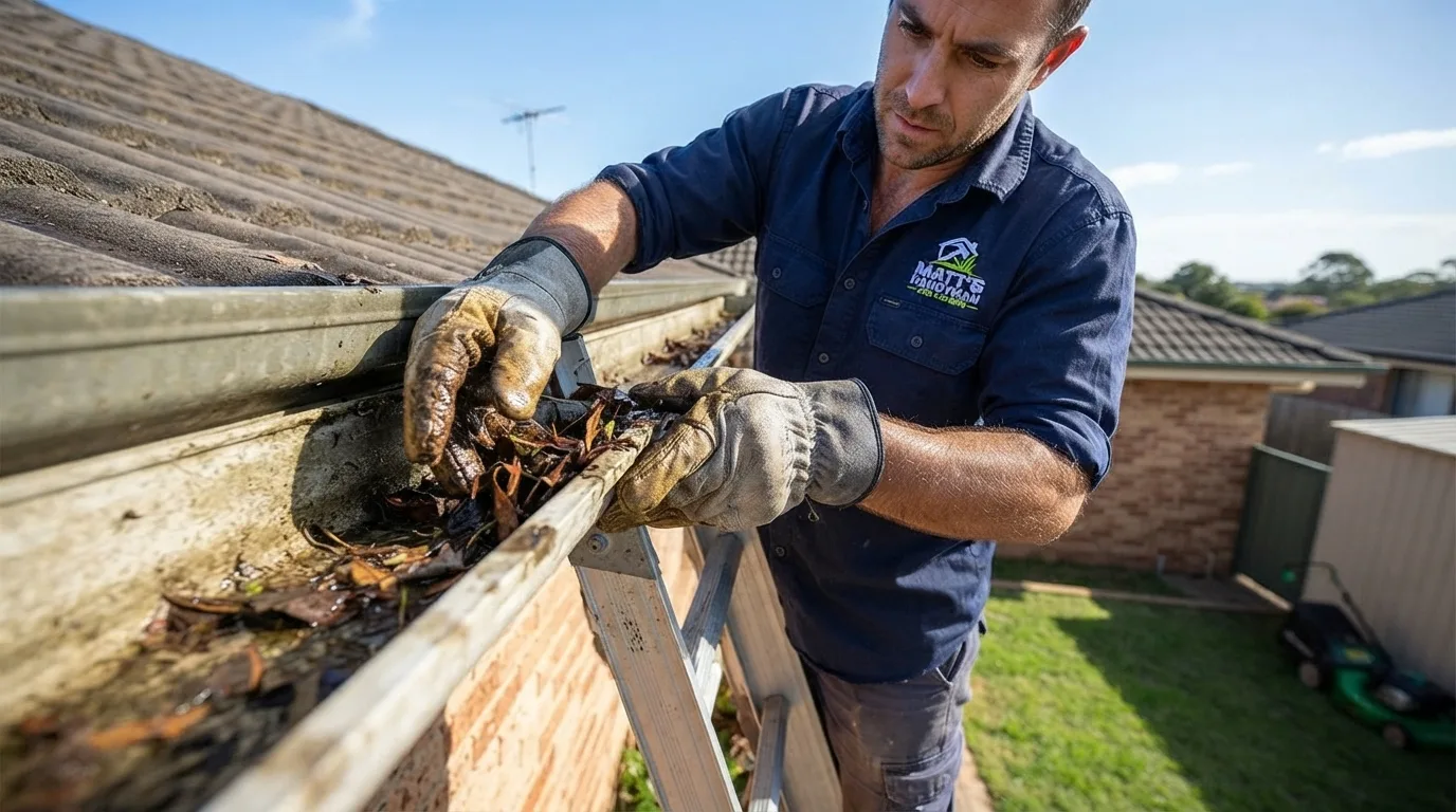 A team member cleaning leaves from a residential gutter