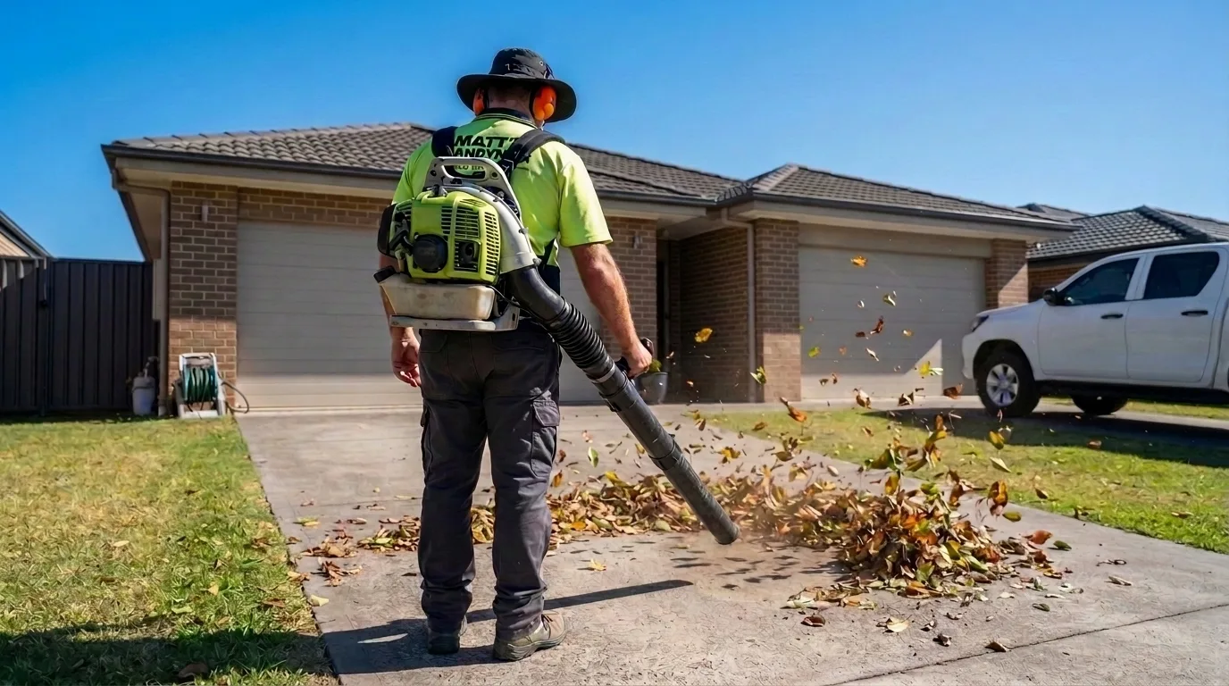 A team member clearing leaves from a suburban driveway